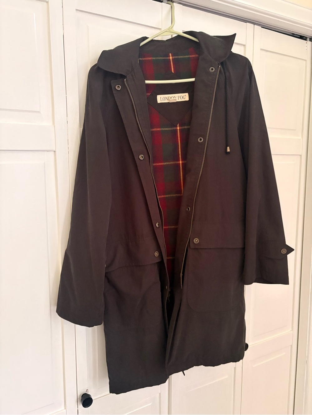 London Fog Women’s Hooded Black Coat with Plaid Lining